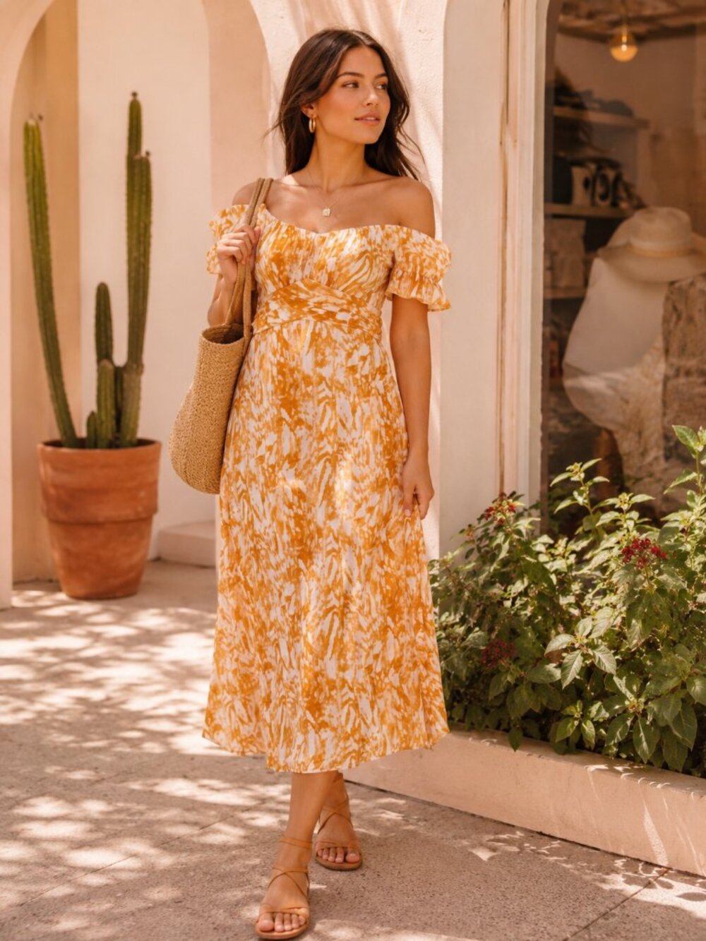Saints + Secrets Orange Abstract Off Shoulder Midi Dress NWT Small AU 8 US S